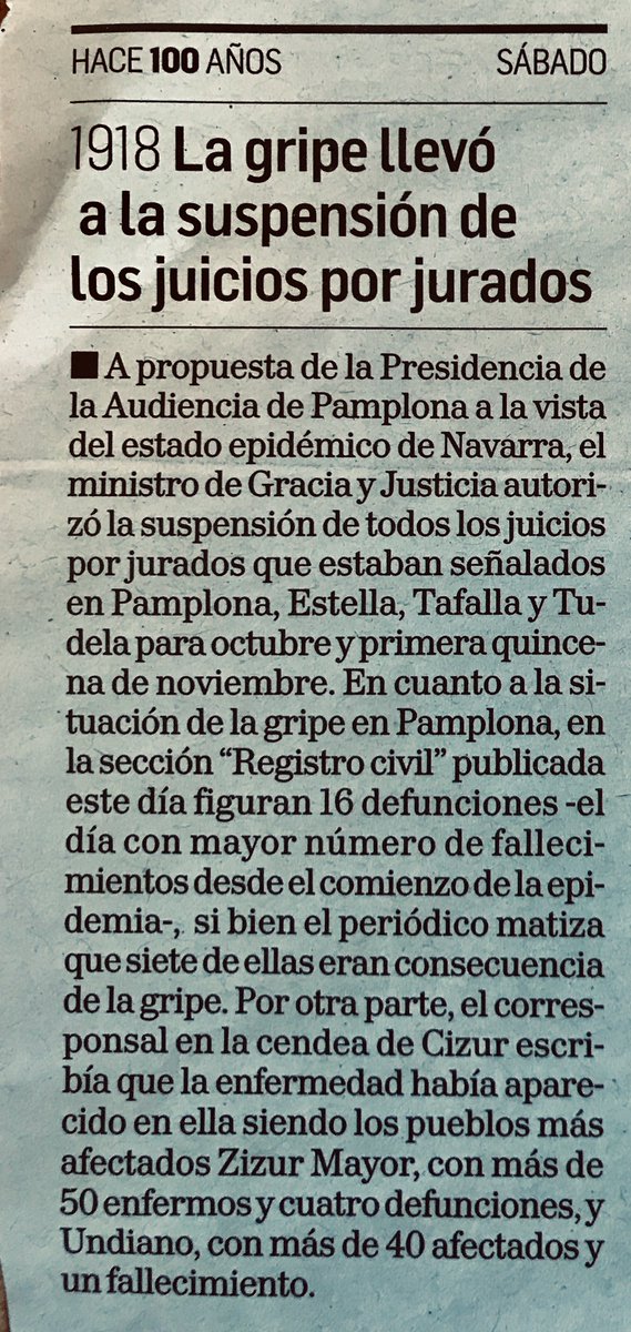 Se suspenden los juicios por jurados por causa de la epidemia de  #gripe en Pamplona. Zizur Mayor uno de los pueblos más afectados.  #gripe1918enNavarra