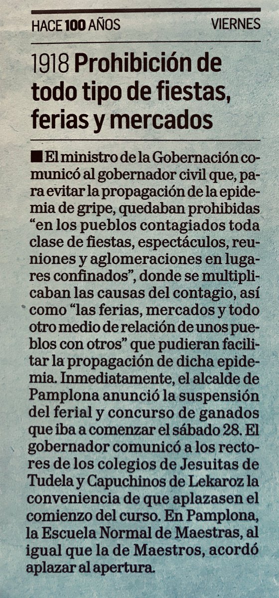 Se prohiben toda clase de fiestas, espectáculos, reuniones y aglomeraciones en lugares confinados, por causa de la  #gripe. Los Jesuitas de Tudela y Capuchinos de Lekaroz aplazan el comienzo de curso  #gripe1918enNavarra