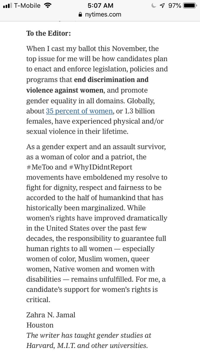 znjamal's tweet photo. Thank you @nytimes @nytopinion for printing my #MidtermElections2018 letter on #metoo #whyididntreport #womensrights #genderequality #HumanRights #DiversityandInclusion especially for #DifferentlyAbled #PeopleofColor #LGBT #NativeAmerican #MASSA. https://t.co/25gwBZ93at