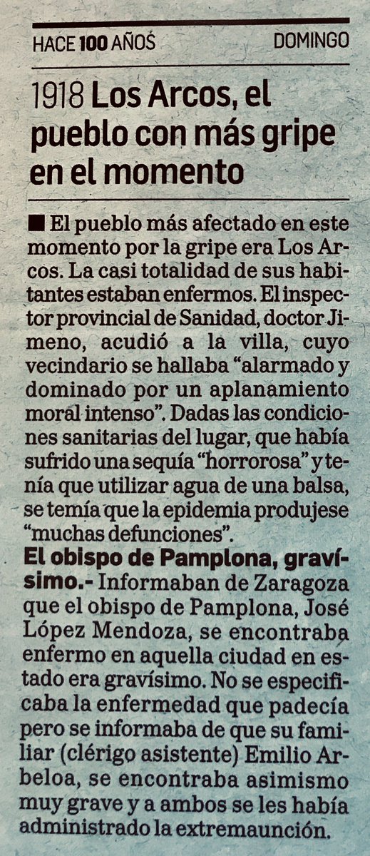 La casi totalidad de los habitante de Los Arcos, afectados por la  #gripe. El obispo gravísimo  #gripe1918enNavarra