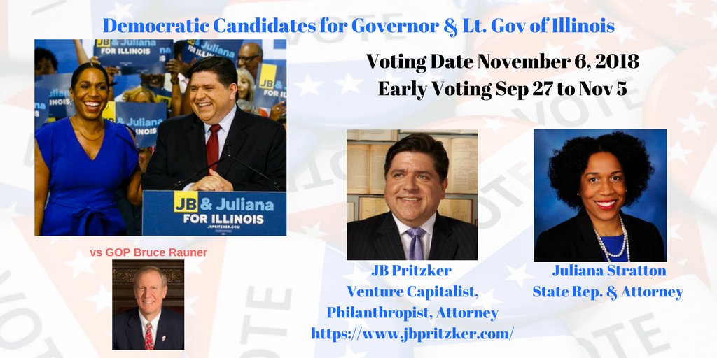 postcards4USA's tweet photo. @SuMoh7 @DemsWork4USA @JulianaforLG Democratic Candidates for Governor &amp; Lt Gov of Illinois
Pritzker&amp;Stratton
https://t.co/Mmf1s6Ufd5
J.B. Pritzker
@JBPritzker
Juliana Stratton
@JulianaforLG

#VoteBlueIL
vs GOP Bruce Rauner

THREAD of All Democratic Candidates #Midterms2018 #ILLINOIS here: https://t.co/o3j1fdkOwU https://t.co/a7WGyEXZJo