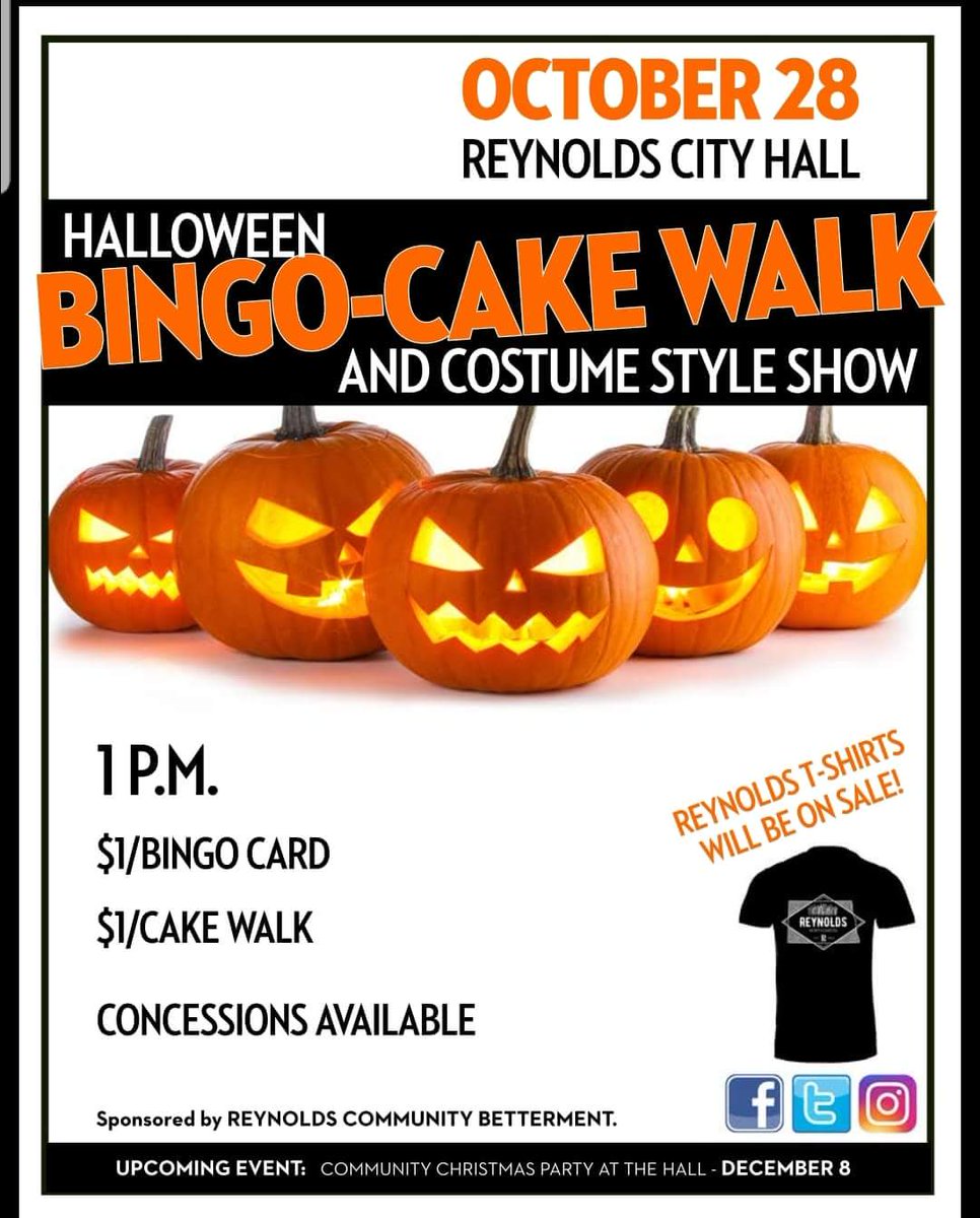 One week until the Reynold's Halloween Bingo/Cake Walk! Come win some awesome cakes and have tons of fun with your family and friends!