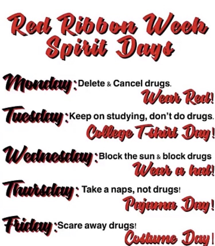 quitman_stuco's tweet photo. IT’S RED RIBBON WEEK! Take a stand against drugs by dressing up for the spirit days! Don’t Do Drugs! https://t.co/eyRxyRvvjT