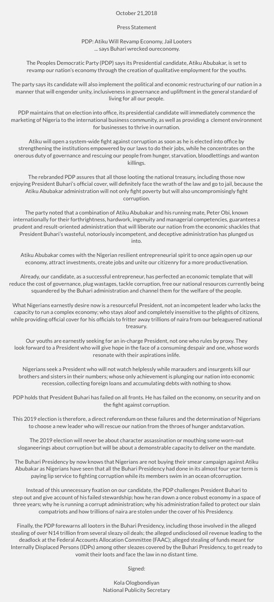 OfficialPDPNig's tweet photo. PDP: Atiku Will Revamp Economy, Jail Looters... says @MBuhari wrecked our economy. Our Presidential candidate, @atiku, is set to revamp our nation’s economy through the creation of qualitative employment for the youths. https://t.co/CtvrmpGV7m