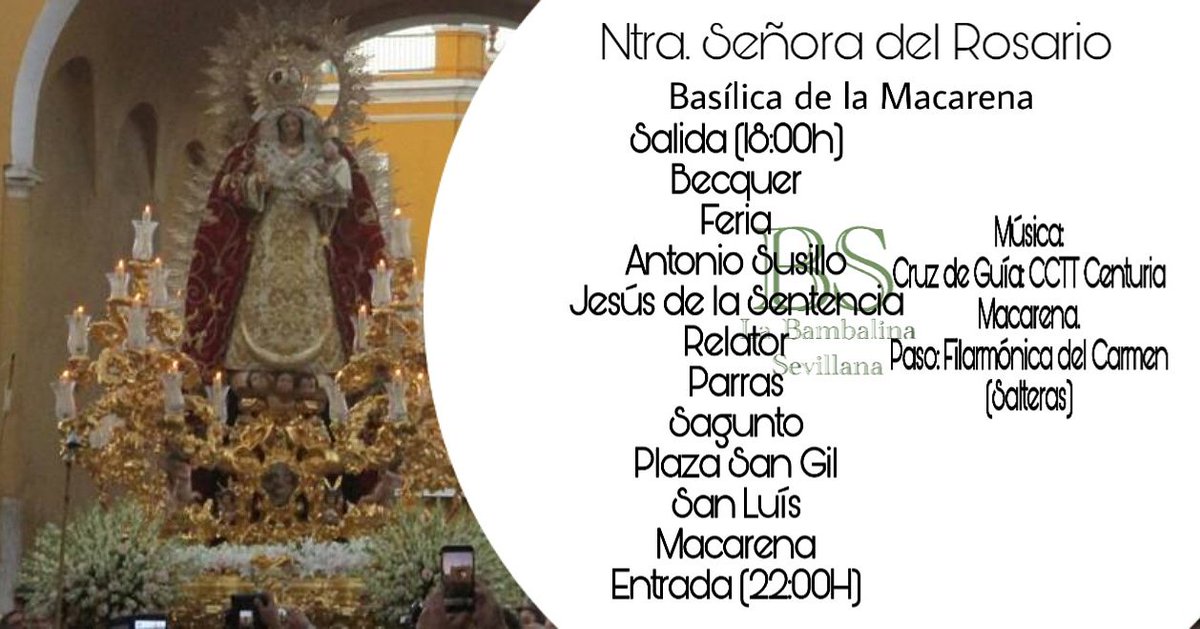 📒AGENDA||

📜 Salida Procesional de Ntra Señora Del Rosario. (<a href="/Hdad_Macarena/">Hermandad de la Macarena</a>) 

🕛18:00H - 22:00h

🎷 <a href="/BandaCenturia/">Banda Centuria Macarena</a>
      <a href="/CarmenDSalteras/">El Carmen de Salteras</a>