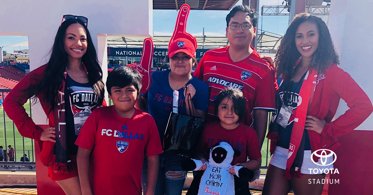 ToyotaStadiumTX's tweet photo. Juan Ramirez Jr (left) is turning 9 years old today! What better way to celebrate than with a #CFADFWSeatUpgrade! Thanks @ChickfilA! #FCDvSKC https://t.co/6HNUdn9J35
