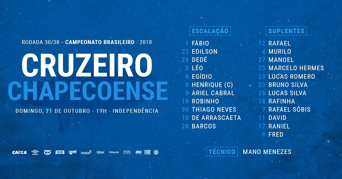 Veja a escalação do Cruzeiro para a partida contra a Chapecoense