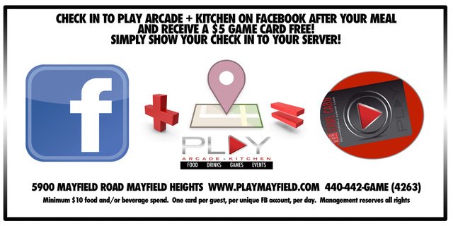 Play_Mayfield's tweet photo. Check-in to Play Arcade and Kitchen on Facebook during your visit and we'll power up your game card with $5. Ask your server for details. https://t.co/C3pS8D7Gbc