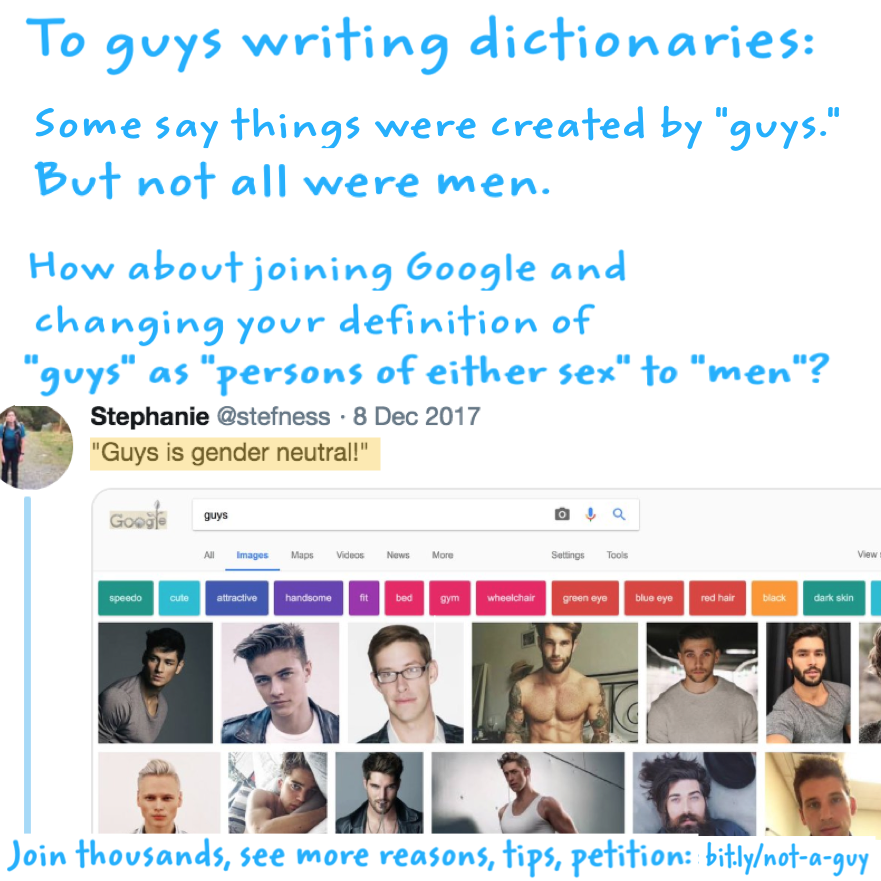 FunAndDraconian's tweet photo. @RoadSafetyPhD @Dictionarycom @MerriamWebster @OxfordWords @MacDictionary @rzgreenfield @maxmasure @magmidd @annajayne @kimballscott @KirstenMinshall @BrentKirkpatri3 @concreted0g @poetrywitch I said "guys writing dictionaries" to show their definition of "guys" as "people of either sex" is confusing.

https://t.co/H1HXVZiXGN lists:
-Those saying things were made by guys but not all were men
-Guys writing dictionaries. But I can't assume their gender.
#NotAGuy #NotGuys https://t.co/tpf6vdBrL9