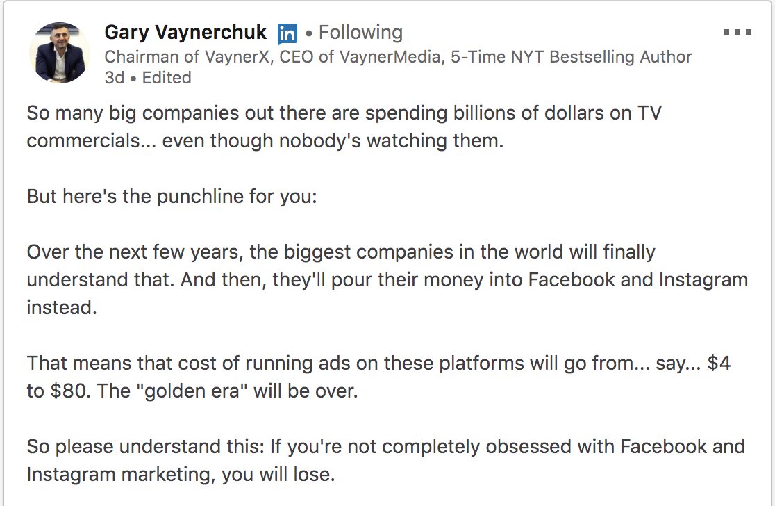 I've recently started following Gary Vaynerchuk on LinkedIn and I think he has some really great ideas. His take on the dominance of social media that is to come is brutally honest and I think companies need to take note. #JMUMKTG410