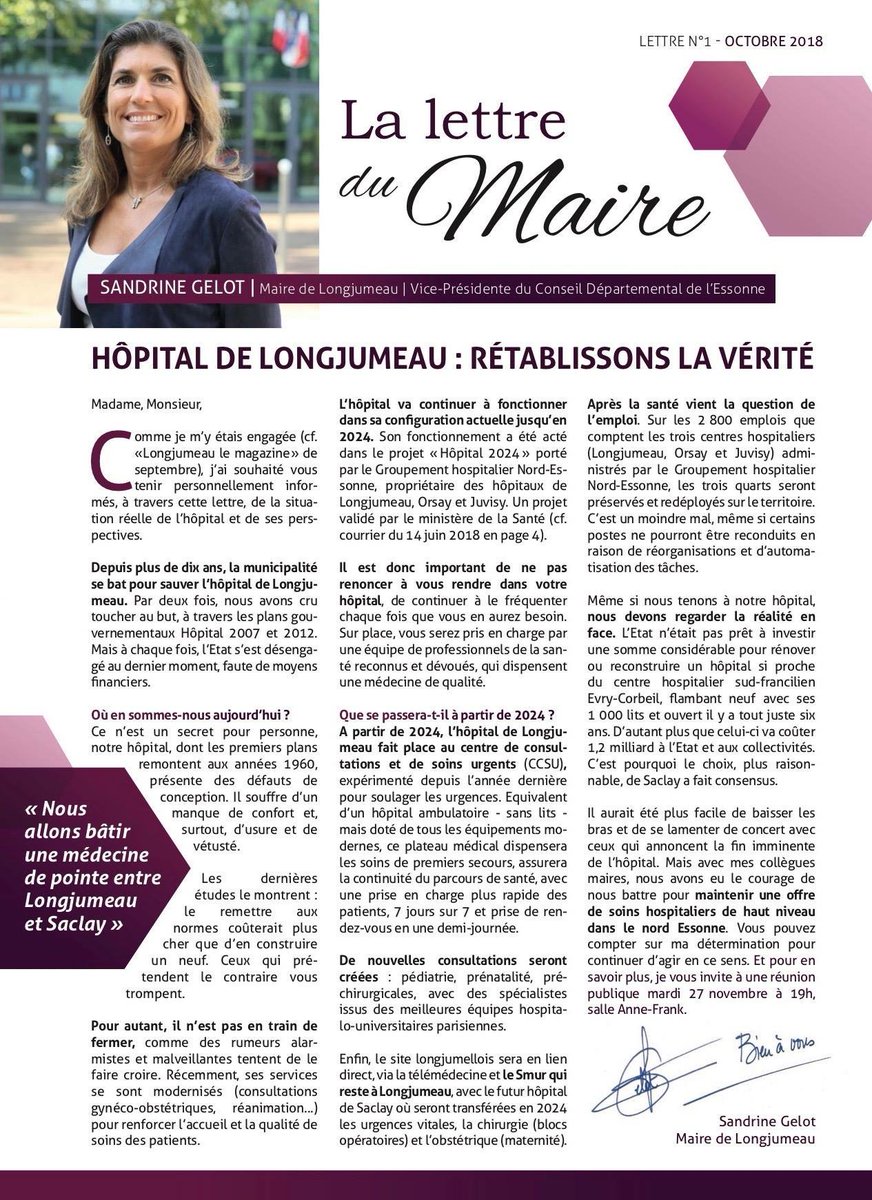 longjumeau's tweet photo. Retrouvez la lettre du maire d'octobre 2018 consacrée à #Hopital de #Longjumeau et au projet "Hôpital 2024" porté par le Groupement hospitalier #NordEssone https://t.co/LzH0zTNPnc