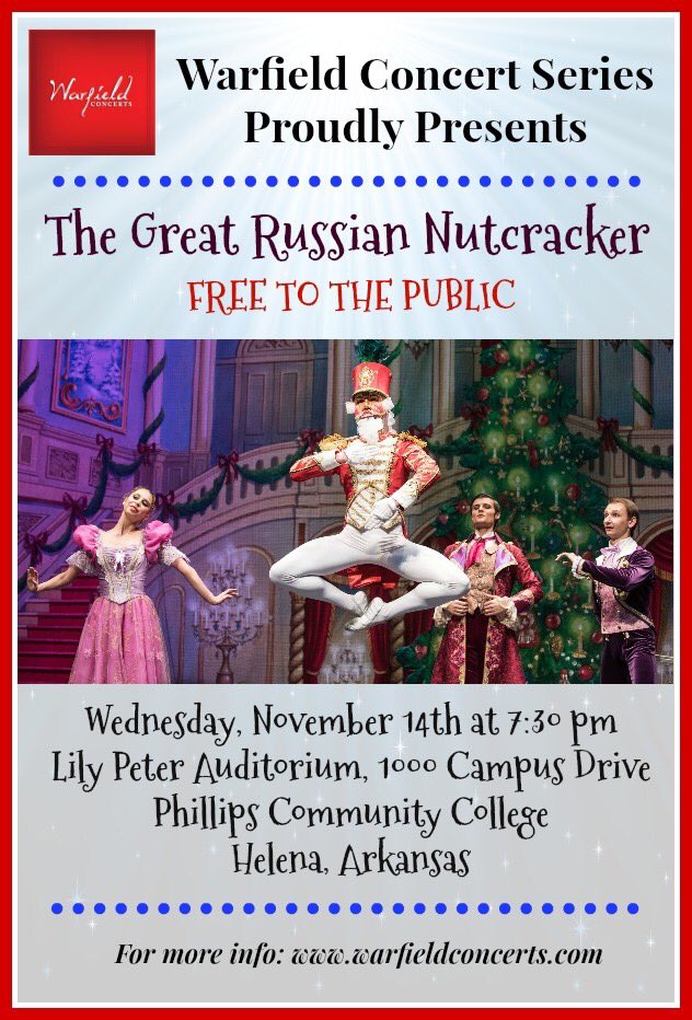 Kick off the holiday season with the breathtaking Russian Nutcracker Ballet! 🎄Download your free ticket at warfieldconcerts.com or stop by the Phillips County Chamber of Commerce in Helena.