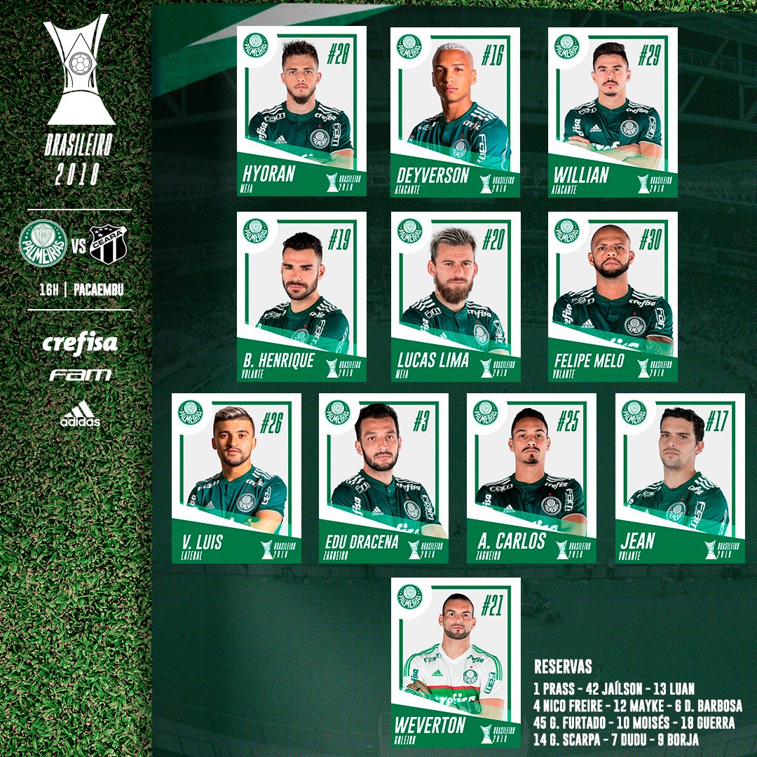O Verdão está escalado para o duelo com o Ceará; confira