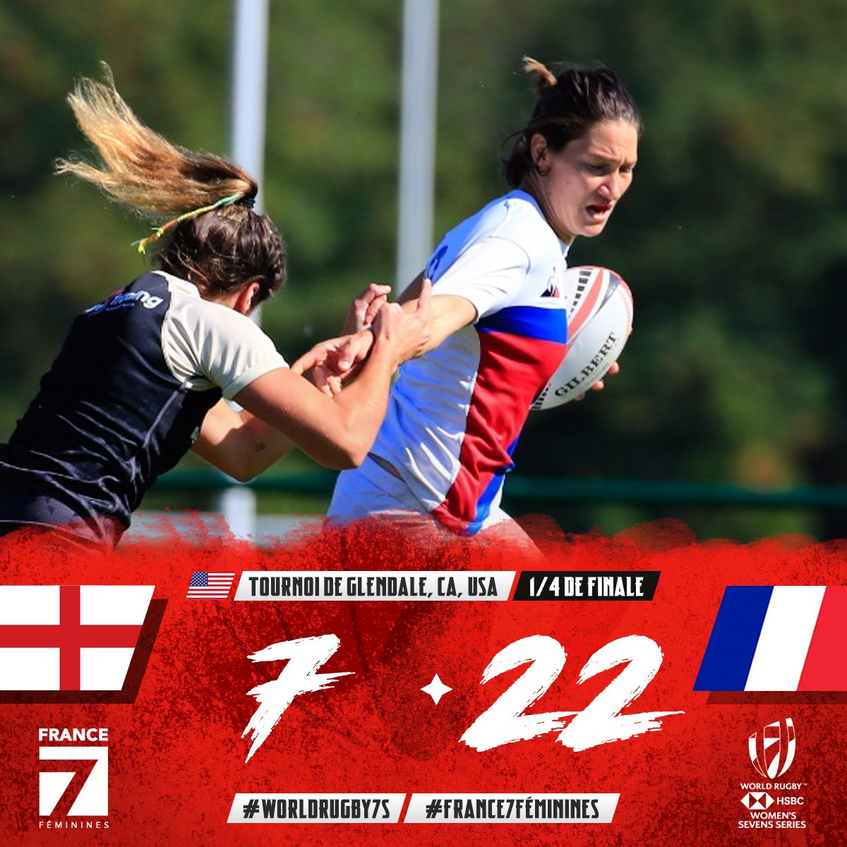 FranceRugby's tweet photo. 🇫🇷🏴󠁧󠁢󠁥󠁮󠁧󠁿 Elles sont qualifiées pour les 1/2 finales ! Nos Bleues sortent victorieuses du "crunch" et défieront les 🇺🇸 USA tout à l'heure à 22:42 pour une place en finale à Glendale ! 🔥 #France7Féminines #WorldRugby7s https://t.co/BjCyMhSNbU