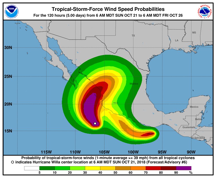 webcamsdemexico's tweet photo. #Huracan #Willa Categoría 2 en el #Pacífico, aumentando fuerza.

Se localiza a 420 km al sur-suroeste de #CaboCorrientes #Jalisco, con vientos máximos sostenidos de 165 km/h.

Se desplaza al noroeste a 11 km/h. https://t.co/WPbATqgTT6