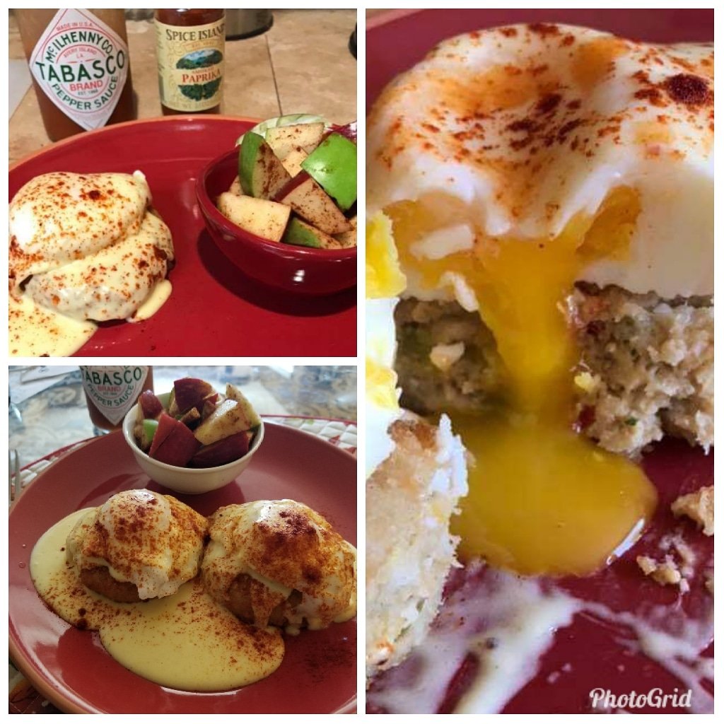 KafeKeto's tweet photo. Time for #brunch. #Crabcake #eggsBenedict. #Apples from our yard. 😊 #keto #heavycream #hollandaise #jumboeggs #tabasco #redapples #greenapples #cinnamon https://t.co/zclIwkbJA4