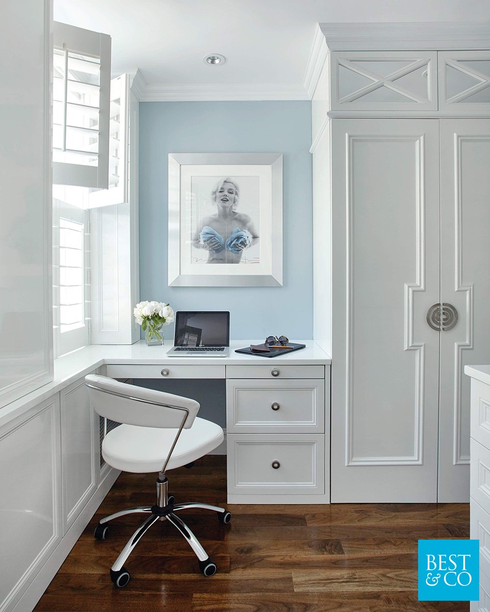 White and pale blue - a match made in heaven. Just love how the dark wood floors really pop against the soft color palette.