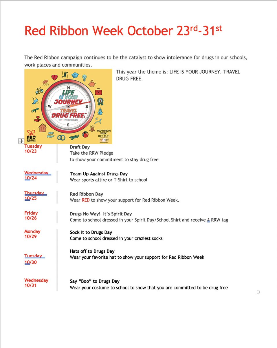 Red Ribbon Week starts on Tuesday, 10/23. This years them is Life Is Your Journey. Travel Drug Free.
Kids are encouraged to participate by joining in the daily themes as outlined in the attached schedule.
