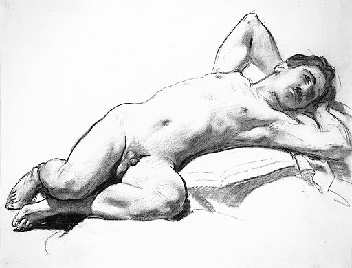 He was a superb draughtsman in depicting ‘Academies’ - traditional studies of the nude in the studio in pencil & charcoal. Here are some of his works in this area from throughout his career. In recent years such studies have enhanced his reputation in their vivacity