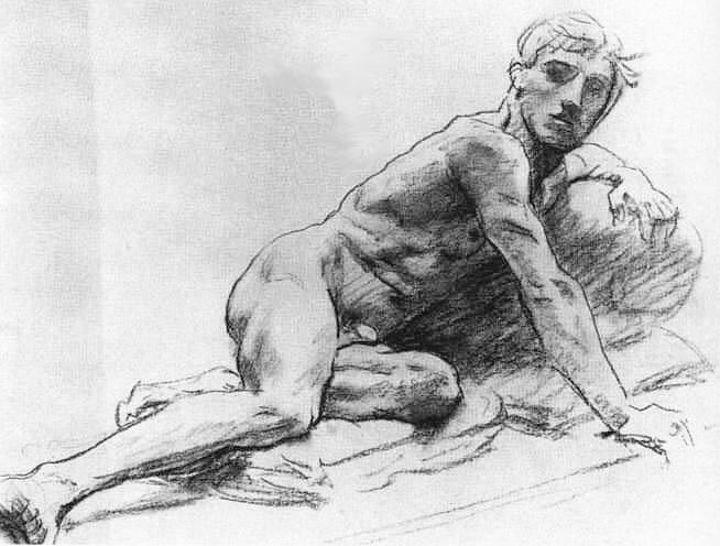 He was a superb draughtsman in depicting ‘Academies’ - traditional studies of the nude in the studio in pencil & charcoal. Here are some of his works in this area from throughout his career. In recent years such studies have enhanced his reputation in their vivacity