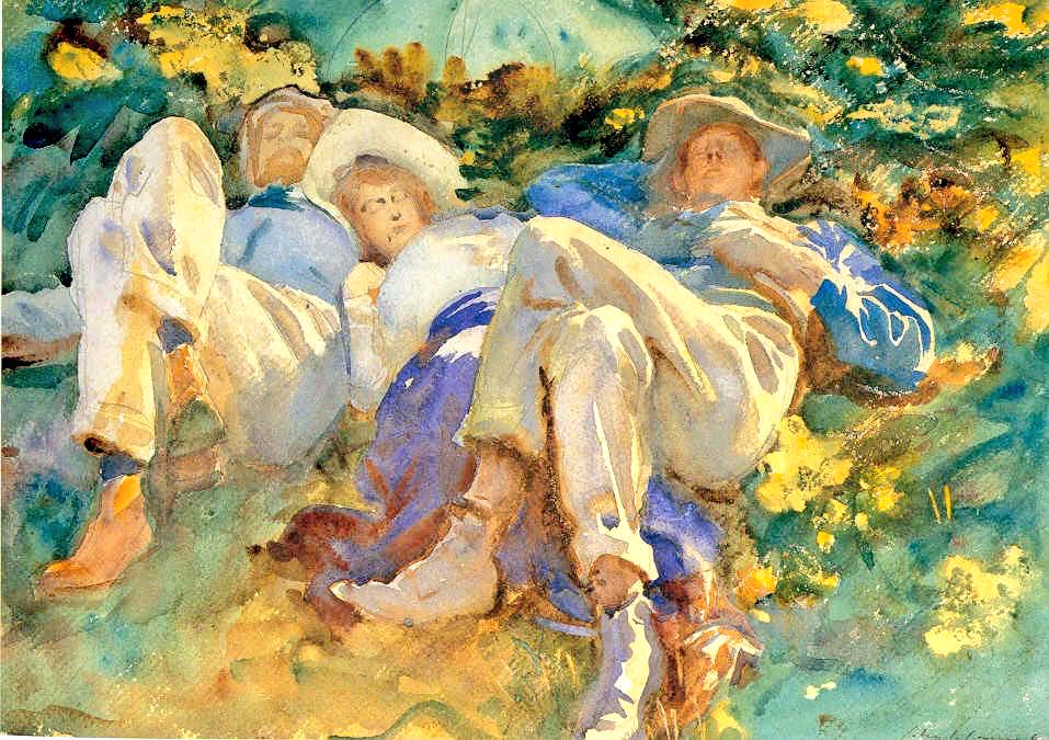 Sargent’s penchant for painting reposing figures has created some of the most beautifully intimate watercolours & oil sketches. Violet Sleeping (c1907-9), A Siesta (1904), A Siesta (1905) & Woman with Sun Parasol (1900)