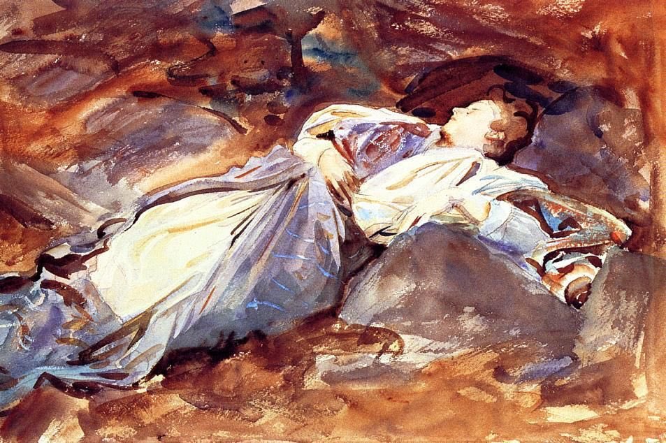 Sargent’s penchant for painting reposing figures has created some of the most beautifully intimate watercolours & oil sketches. Violet Sleeping (c1907-9), A Siesta (1904), A Siesta (1905) & Woman with Sun Parasol (1900)