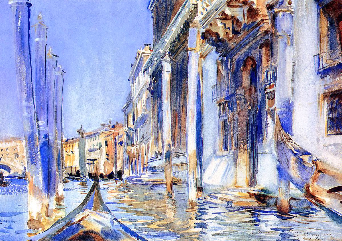 An international figure, Sargent was an inveterate traveller. It was Venice that was his favourite city & he painted it with ravishing beauty. Rio della Angelo (1902), The Bridge of Sighs (c1903-4), Santa Maria della Salute (1904) & the Piazetta (c1904)