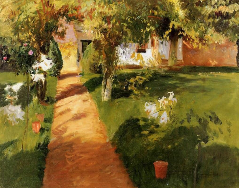 He enjoyed painting gardens including that of the Millet’s in England (1886), the Village of Calcott (c1888), In the Orchard (1886) & Villa de Marlia (1910). His images suggest a carefree life of effortless beauty lolling on grass