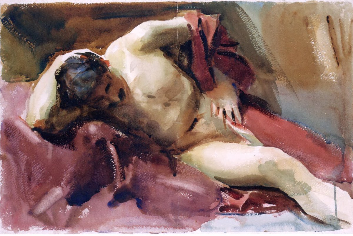 His studies of male figures are a tour-de-force in painterly skill as well as powerfully sensual (& due to having had to be hidden, have kept from fading). Young Man in Reverie (1878) & Male Model Reclining (c1900) & Model Studies (1904)
