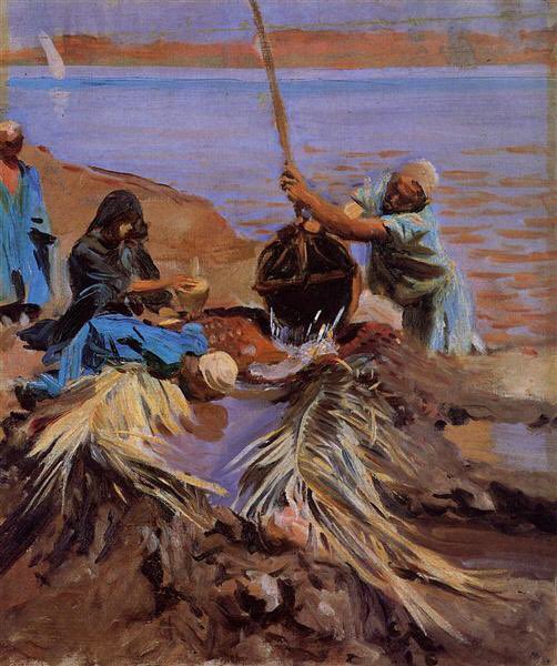 Sargent had a knack of viewing the places & people he visited with empathy, which raised them from tourist images to art. He visited Egypt (1890-1). Raising Water from the Nile, Egyptian Woman with Earrings, A Bedouin Arab & Egyptian Woman