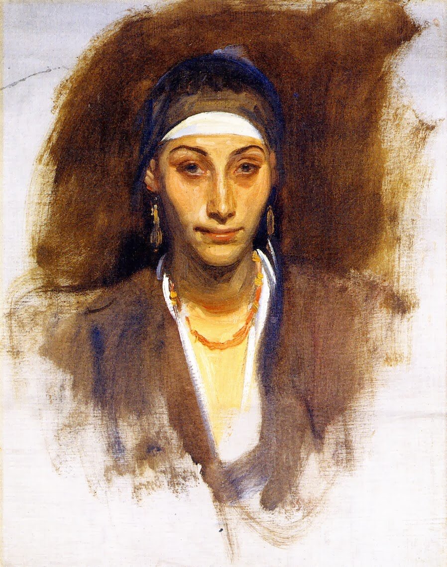 Sargent had a knack of viewing the places & people he visited with empathy, which raised them from tourist images to art. He visited Egypt (1890-1). Raising Water from the Nile, Egyptian Woman with Earrings, A Bedouin Arab & Egyptian Woman
