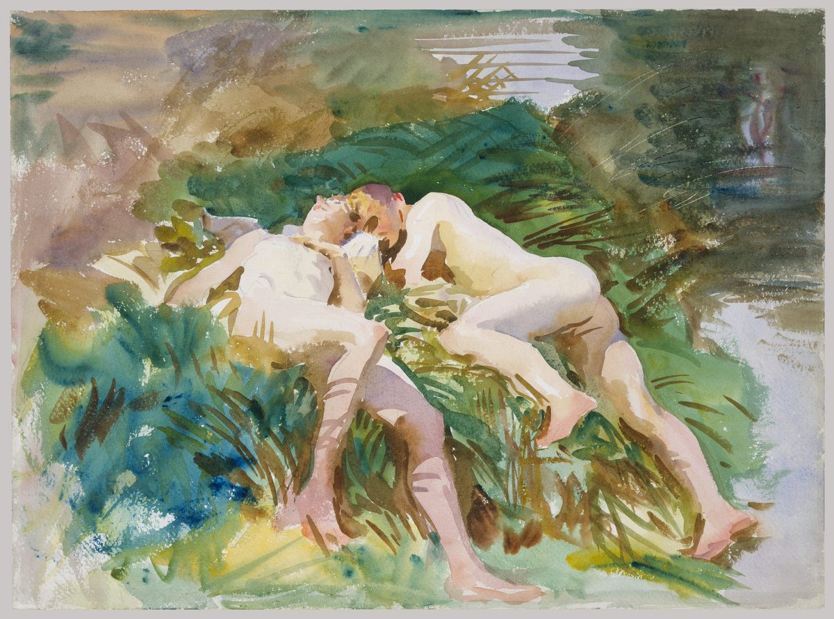 Whilst documenting the Great War, Sargent took time to paint the soldiers from an intimate & sensual perspective - which was unique for the period (1918). These works, harking back to an Arcadia, are bittersweet in that the men were to become mere cannon fodder.