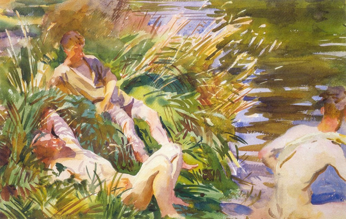 Whilst documenting the Great War, Sargent took time to paint the soldiers from an intimate & sensual perspective - which was unique for the period (1918). These works, harking back to an Arcadia, are bittersweet in that the men were to become mere cannon fodder.