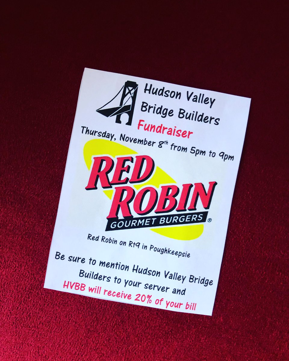 HVBBCamp's tweet photo. Red Robin fundraiser... just under 3 weeks away! Bring this flyer with you or mention you are with Hudson Valley Bridge Builders for 20% of your bill to benefit us! Come eat some yummy food and fellowship with us! #HVBB2018 #LoveBuildsBridges #SeeItBelieveItLiveIt #ServingLocally https://t.co/Hq0ChbZaMf