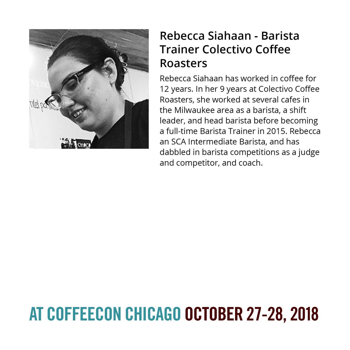 CoffeeConEvent's tweet photo. Don't miss ABC's of Brewing with Rebecca Siahaan @ColectivoCoffee #CoffeeConChicago/Midwest Oct 27/28 https://t.co/3S5WhpSOzH #goodeatschicago #redeyechicago #chicagocoffeewanderer #chicagocoffeebuzz #timeoutchicago #thedailyherald #chicagobucketlist https://t.co/4LiO6oXv4r