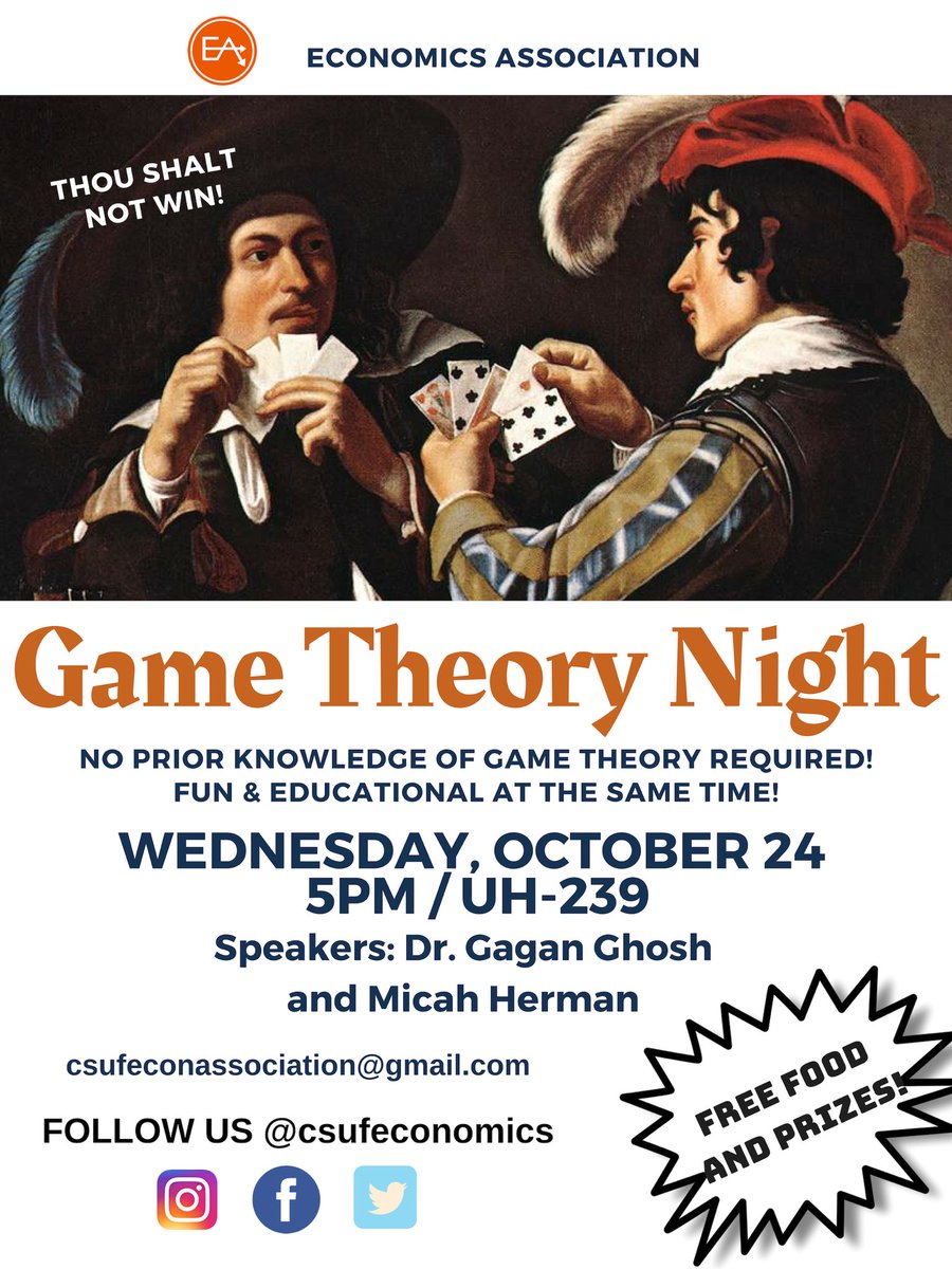 Mark your calendar!! On Wednesday Oct 24, you can learn and have fun at the same time at Econ Association's Game Theory Night at UH-239. Come play some games, eat some food, and win some prizes!!