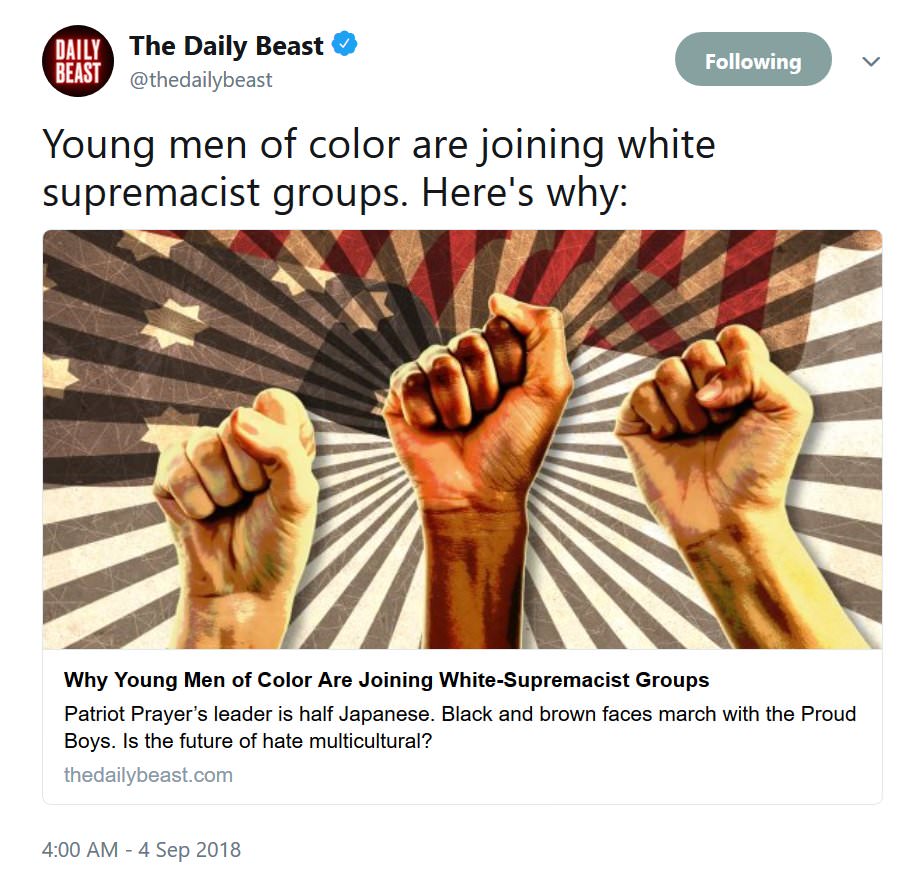 EmTeaSea2's tweet photo. The future of white nationalism is multi-ethnic, scary. Why are proud PoC becoming white nationalists?  

What can be done to convince PoC that white nationalists like Proud Boys are nazis and racist? #resist https://t.co/SJl6FV4176