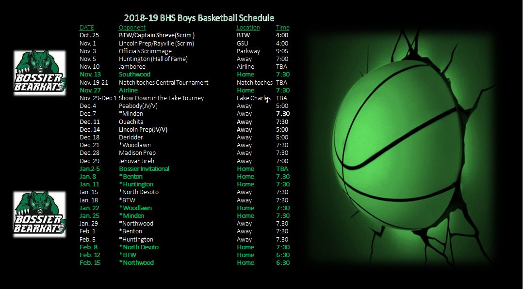 CORRECTED BOSSIER VARSITY BASKETBALL 2018-2019 SCHEDULE
<a href="/russellhedges/">Russell Hedges</a> <a href="/JimmyWatson6/">Jimmy Watson</a> <a href="/rashadjay15/">Rashad Johnson</a> <a href="/RoyLangIII/">Roy Lang III</a> <a href="/lamargafford/">LaMar Gafford</a> <a href="/OfftheBenchOTB/">Off The Bench</a>
