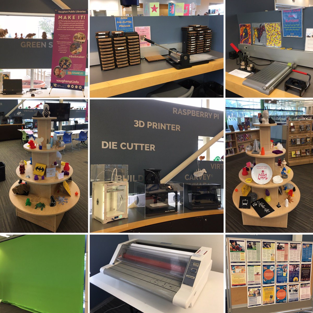 MakerWiz's tweet photo. The #MakeIt Space at @vaughanpubliclibraries #PBRL is looking good. Only wish they had a @lulzbot3d #TAZ6 for larger 3D prints! #3dprinter #cnc #diecutter #raspberrypi #greenscreen #maker #library #makerspace #vaughan https://t.co/Dk2xuvUxlt