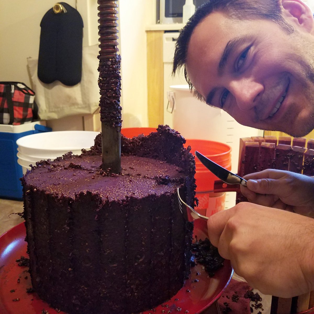 GrapeChasers's tweet photo. #Pomace cake 🍰 anyone??? 
🍇🏃‍♂️🍷🙂 #wine #vino #gotwine #drinkwine #winetime #cheers #wineoclock #explorewine #winestudy #wineporn #invinoveritas #wset #winetasting #winemaking #winemaker #homemade #2018vintage #syrah #2ndfloorwines #pressing #grapeskinpressing #pomacecake https://t.co/nYgpuph9CM