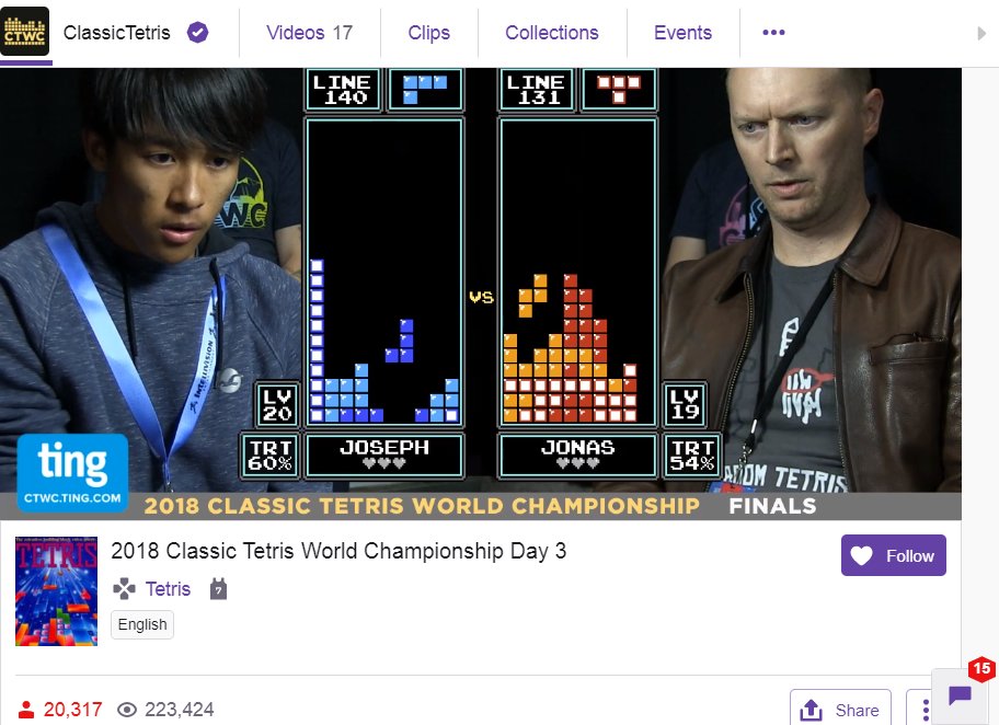 20,000 viewers for Classic Tetris esports. Tetris lowkey one of the most hype competitive games. twitch.tv/classictetris #CTWC