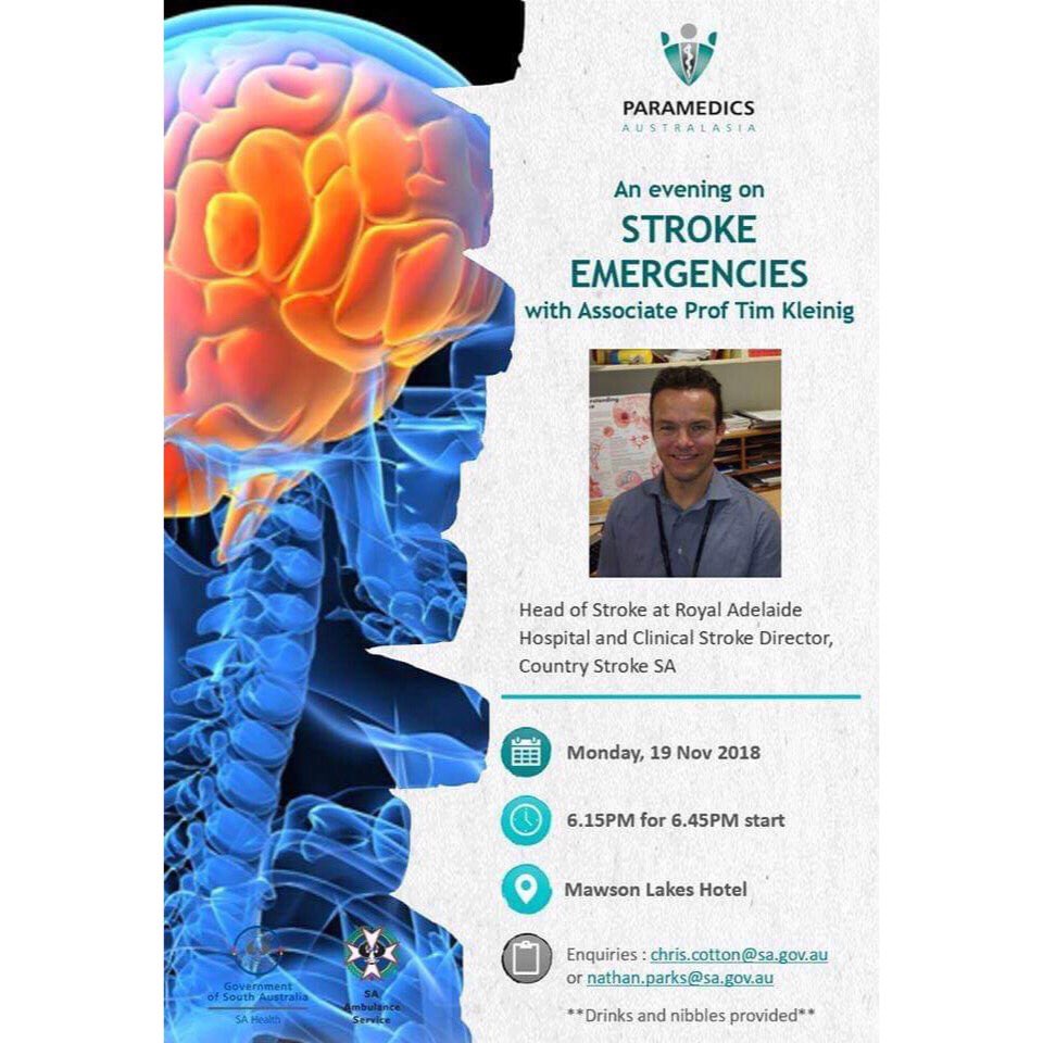 <a href="/ParaAustSA/">Paramedics Australasia (SA Chapter)</a>, the SA chapter of @AusParamedics are bringing a highly relevant CPD evening next month.

An evening on Stroke Emergencies (Adelaide) - facebook.com/events/1961850…

November 19 • 1815hrs for a 1845hrs start • Mawson Lakes

Registration via: paramedics.org/events/