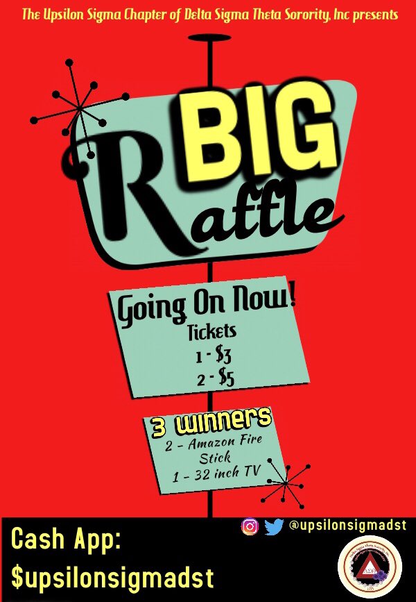 upsilonsigmadst's tweet photo. 🚨BIG RAFFLE!! 3 WINNERS 🚨 Tired of cable and your old tv? 2-Fire Sticks and 1- 32 inch TV! Tickets sold @ EVERY event during Delta Week!!!!!! #UMES #UMES19 #UMES20 #UMES21 #UMES22 #DBP #DELTASONTHESHORE https://t.co/g5H0UrXCdP