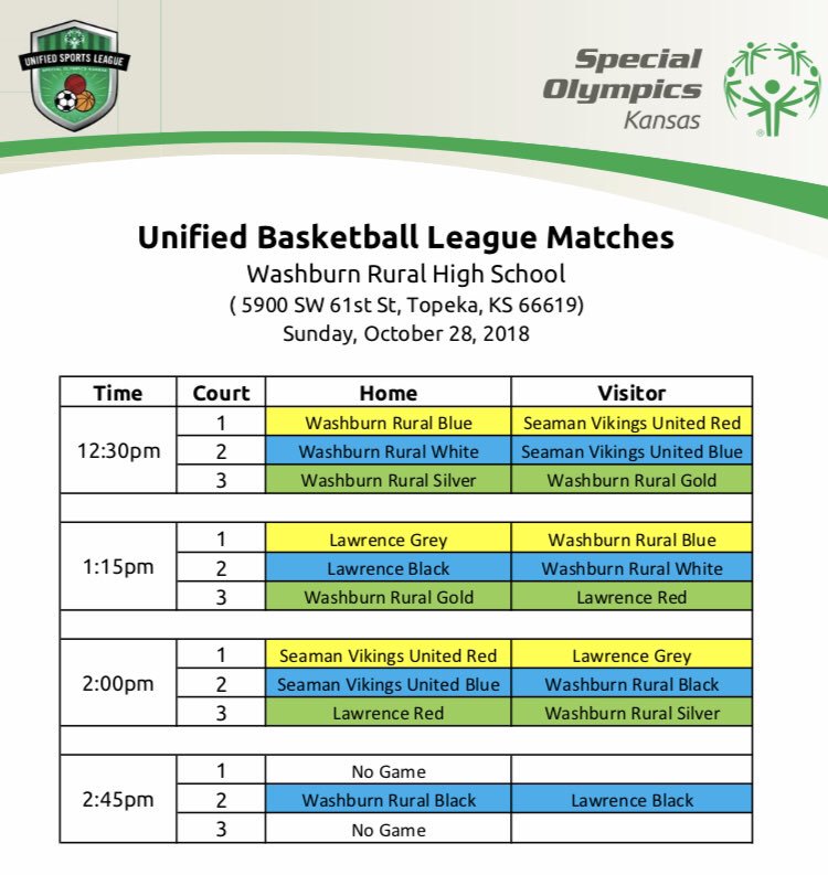 HEY! GUESS WHAT?! 

Washburn Rural, Seaman &amp; Lawrence High Unified Special Olympics teams are playing each other in Basketball...

 @ WRHS NEXT SUNDAY! Oct. 28th

Games start at 12:30 with the last game beginning at 2:45. 

Entry is FREE and fun is guaranteed.