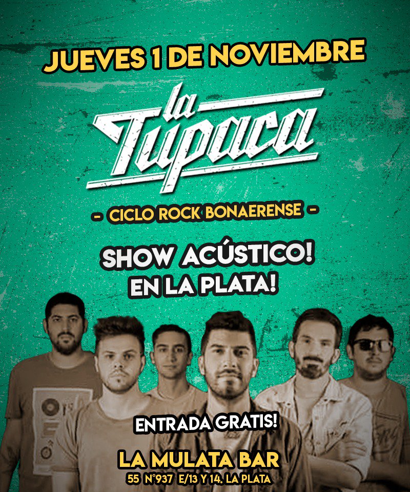 latupaca's tweet photo. 🎉ACÚSTICO ANTICRISIS EN LA PLATA🎉
📆Jueves 1/11
🕘22hs
📌#LaMulataBar (Calle 55 Nro937, entre 13 y 14, #LaPlata)
💃Entrada LIBRE Y GRATUITA💃
¿Quién se viene? https://t.co/mzERKz0BfN