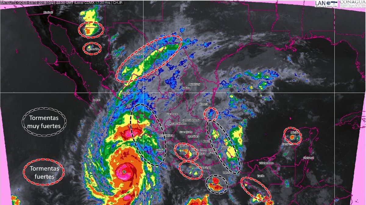 PCJalisco's tweet photo. #PCJaliscoInforma #Willa se intensifica a categoría 4, 320 km al suroeste de Playa Perula, con vientos máximos sostenidos de 215 km/h, rachas de 250 km/h y desplazamiento al nor-noroeste a 9 km/h, se prevé toque tierra en la frontera de Nayarit y Sinaloa. @GobiernoJalisco https://t.co/KxNHxAUZDv