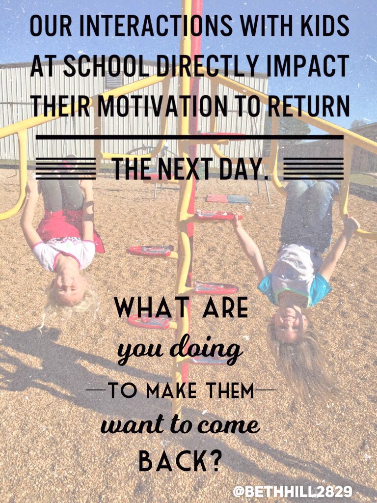 bethhill2829's tweet photo. Hey principal...

What makes your kids want to come back to your school on Monday? 

Is it basic needs...meals, security, consistency, love? 

Is it because their teacher motivates and empowers them to be learners? 

Is it because school is FUN? 

Ask them! 

#JoyfulLeaders https://t.co/hs72FvOxax