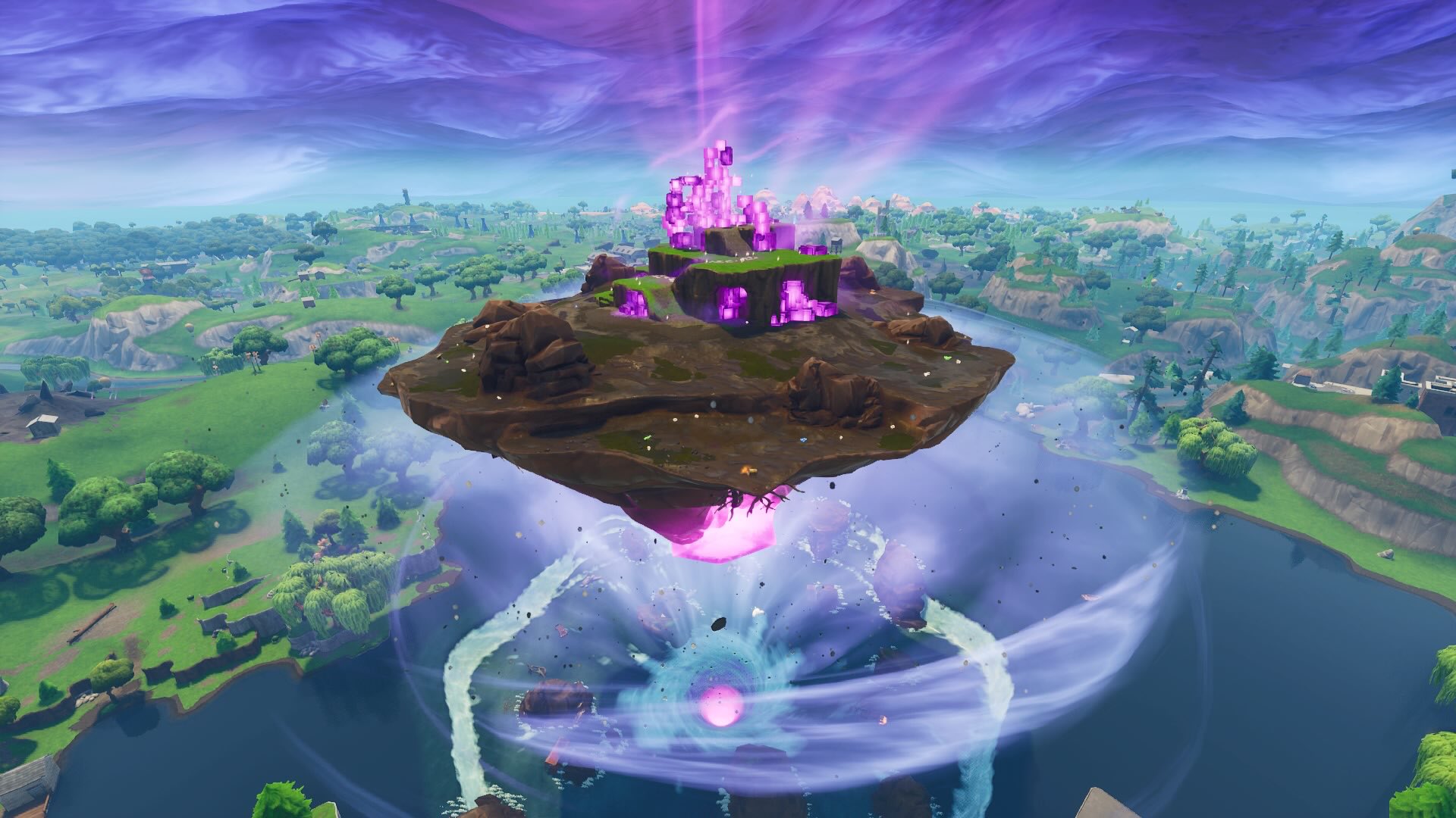 Twitter இல スライム ꙭ S1ime ラピュタ 浮遊島 天空城 がレイクの真ん中に到達した時の全体図 他の２枚は キューブがどれだけ侵食したのか見るために建物壊した時の全体図 Fortnite フォートナイト キューブ ラピュタ 天空城 浮遊島 侵食