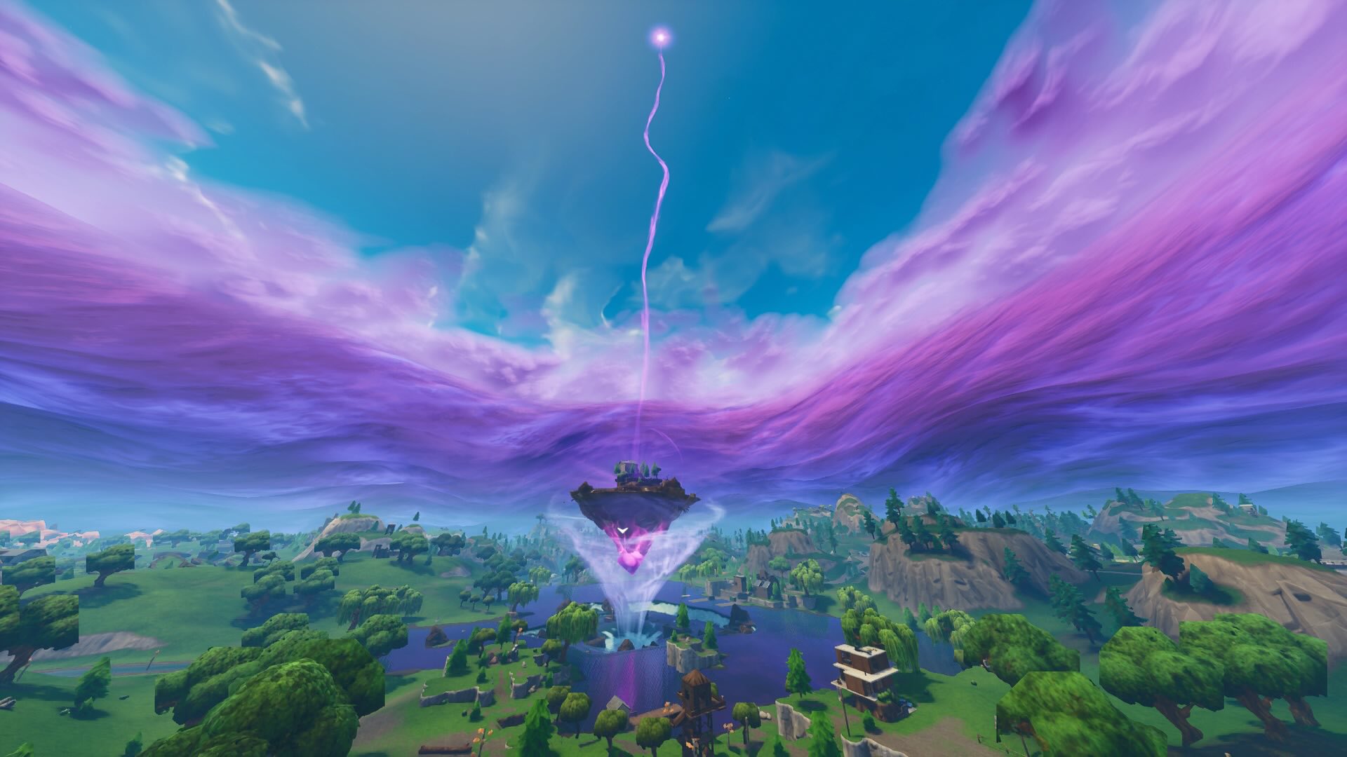 スライム ꙭ S1ime ラピュタ 浮遊島 天空城 がレイクの真ん中に到達した時の全体図 他の２枚は キューブがどれだけ侵食したのか見るために建物壊した時の全体図 Fortnite フォートナイト キューブ ラピュタ 天空城 浮遊島 侵食