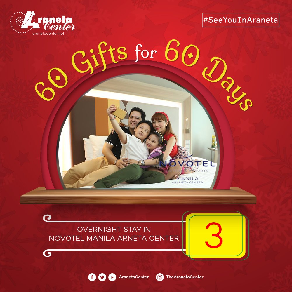 AranetaCity's tweet image. Day 3 of 60: Win an OVERNIGHT STAY in @NovotelManilaAC! 
FOLLOW us, QUOTE and RETWEET this, TAG 5 friends, and use the HASHTAGS #60giftsfor60daysYear4, #AranetaDay3of60, and #SeeYouinAraneta

For full mechanics visit: facebook.com/notes/the-aran…